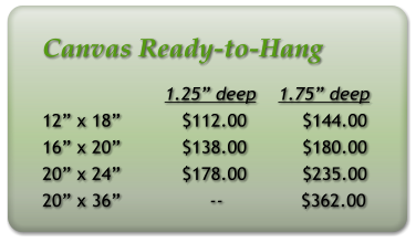 Canvas Ready-to-Hang                       1.25” deep    1.75” deep 12” x 18”           $112.00          $144.00 16” x 20”           $138.00          $180.00 20” x 24”           $178.00          $235.00 20” x 36”                --              $362.00